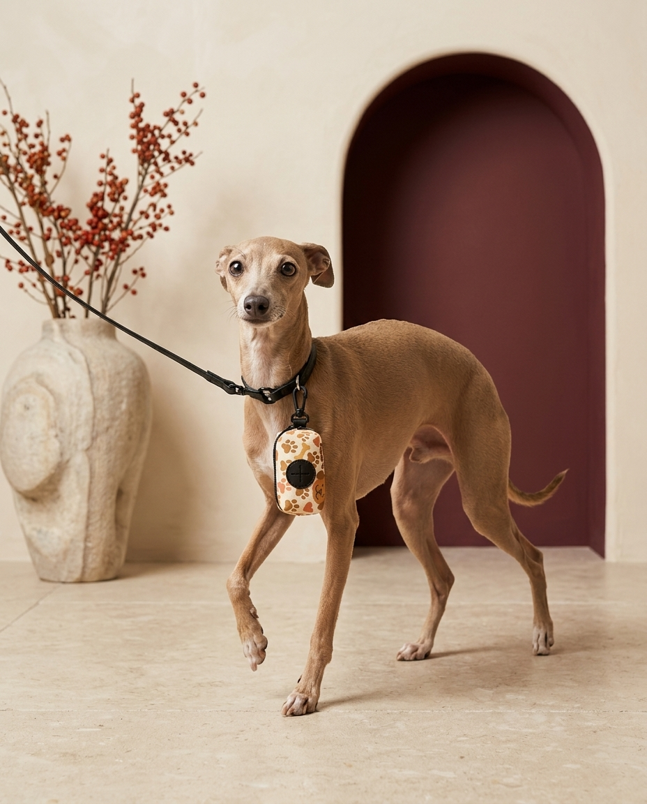 Italian Greyhound with the Iggy Grey poop bag holder leash attachment