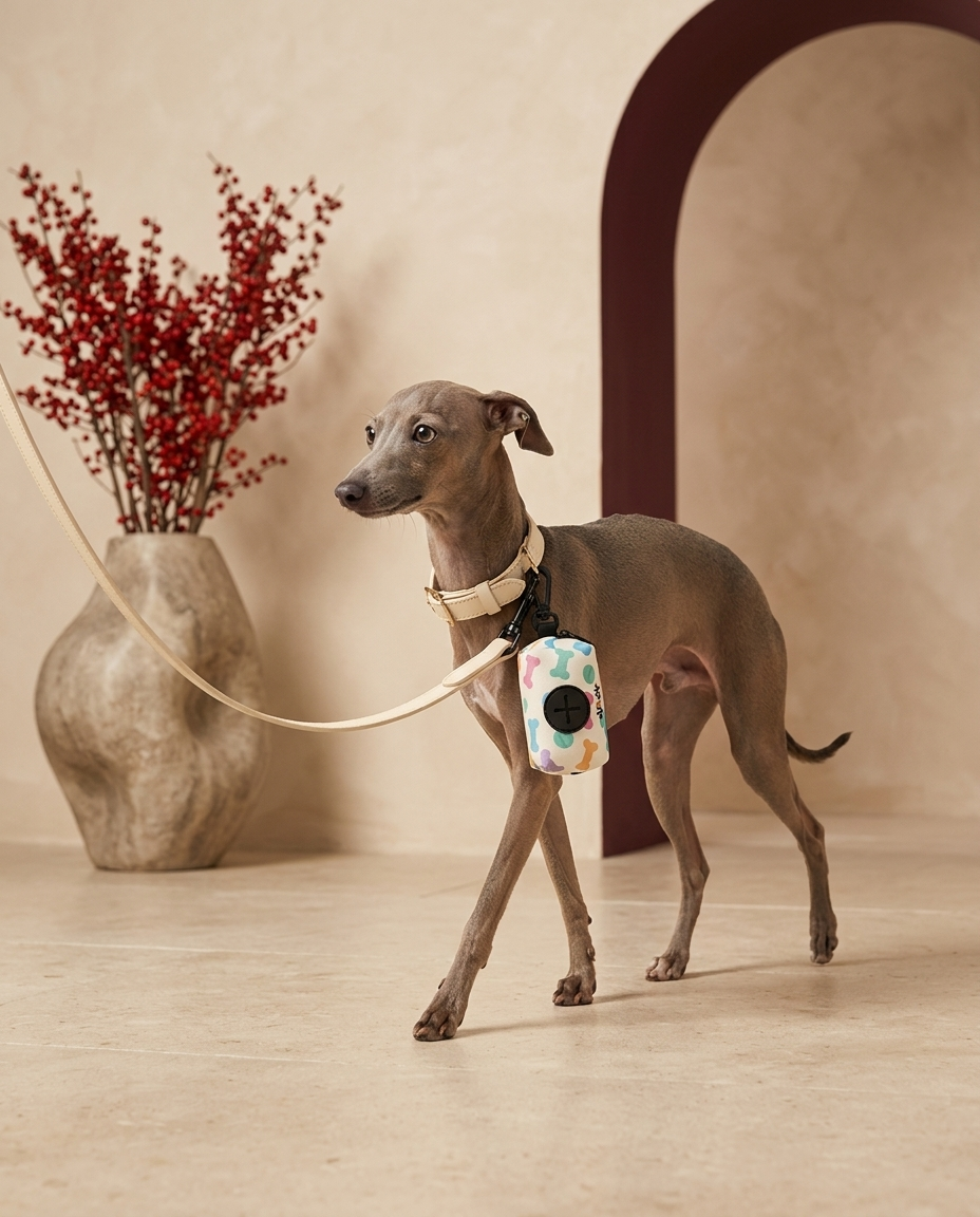 Italian Greyhound with the Iggy Grey poop bag holder leash attachment