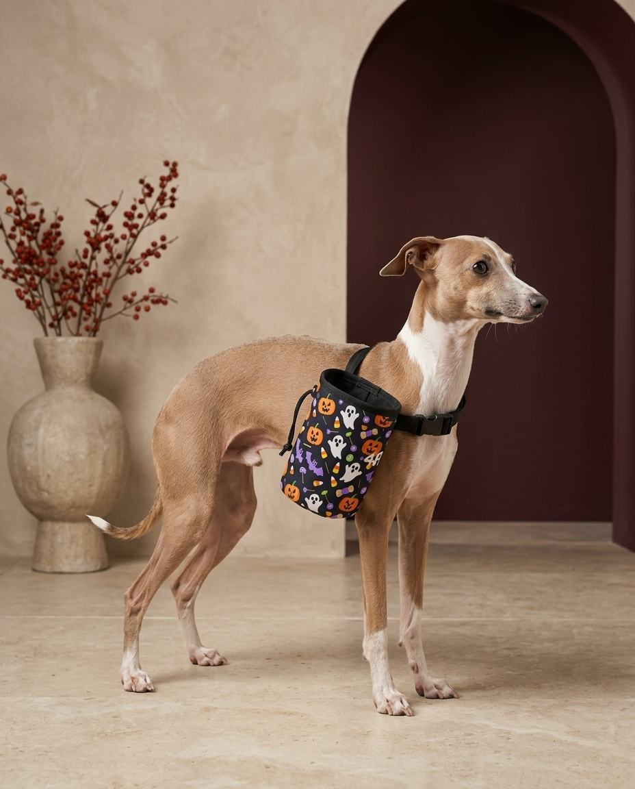 Italian Greyhound wearing the Iggy Grey treat pouch training bag