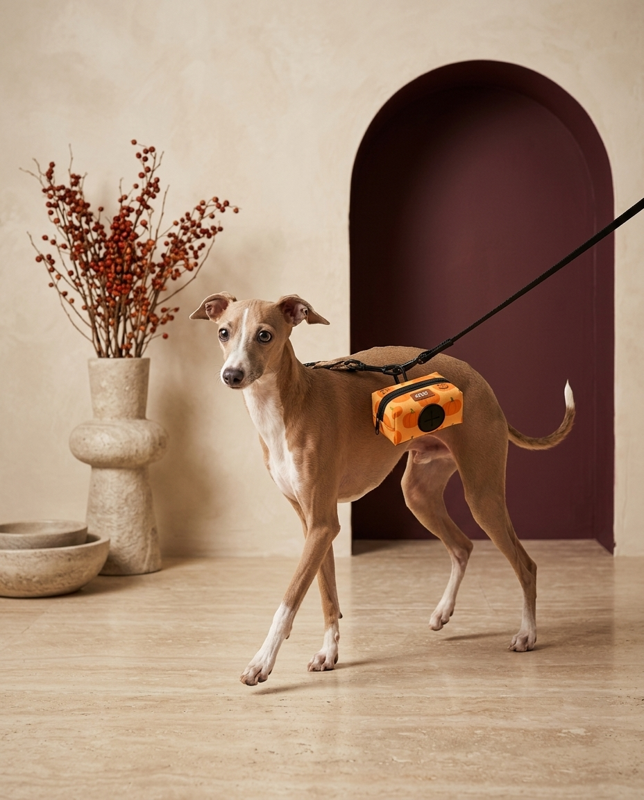 Italian Greyhound with the Iggy Grey poop bag holder leash attachment