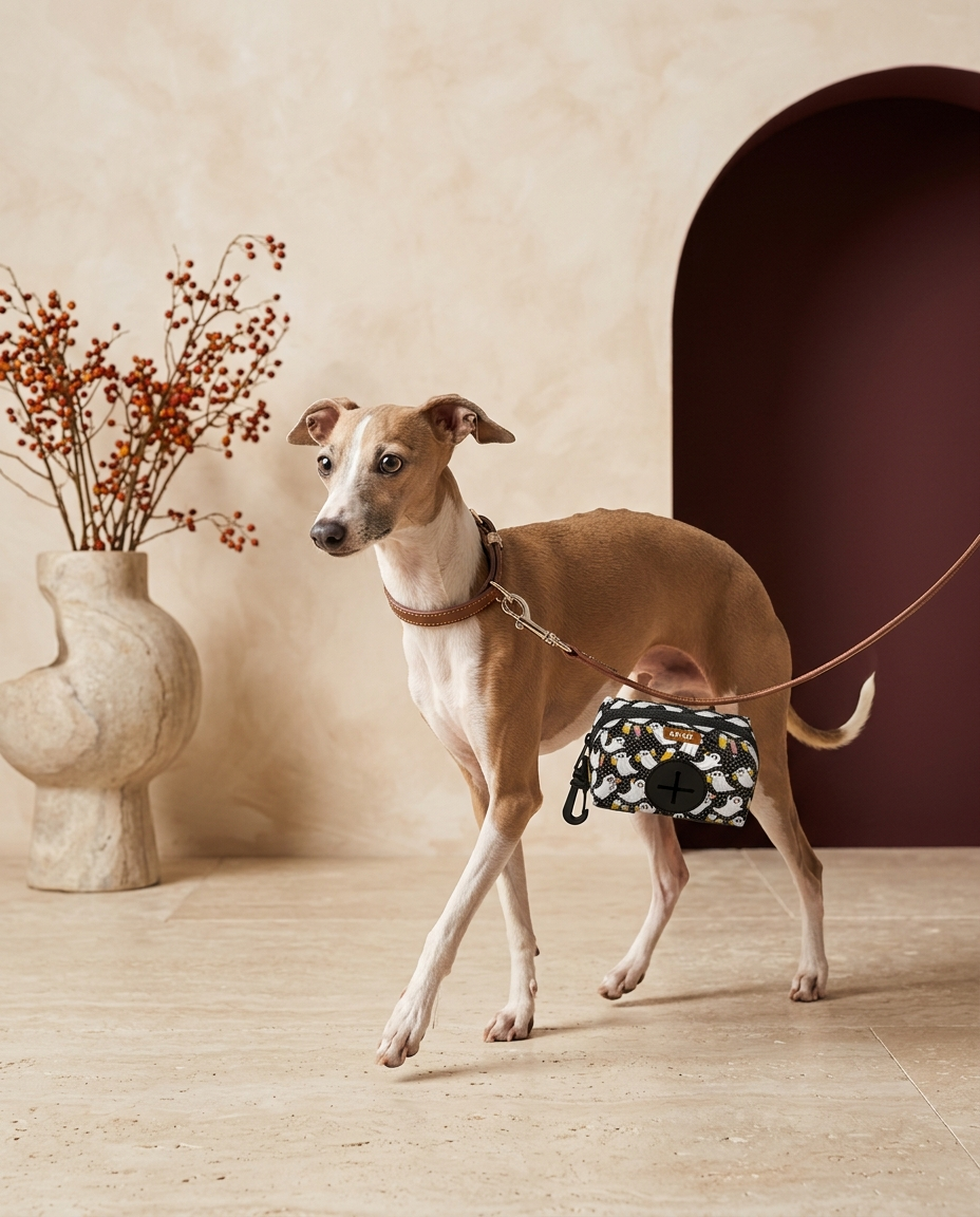 Italian Greyhound with the Iggy Grey poop bag holder leash attachment