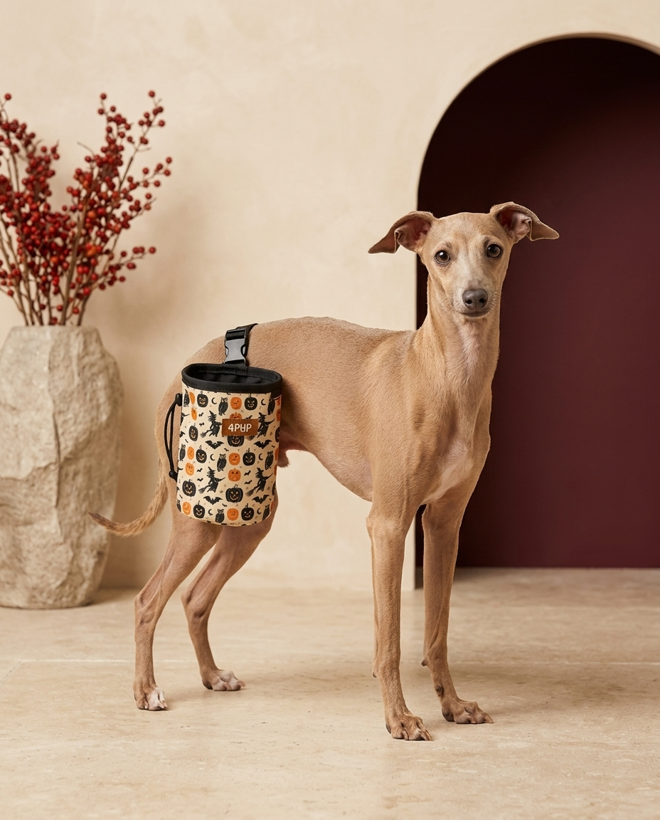 Italian Greyhound wearing the Iggy Grey treat pouch training bag