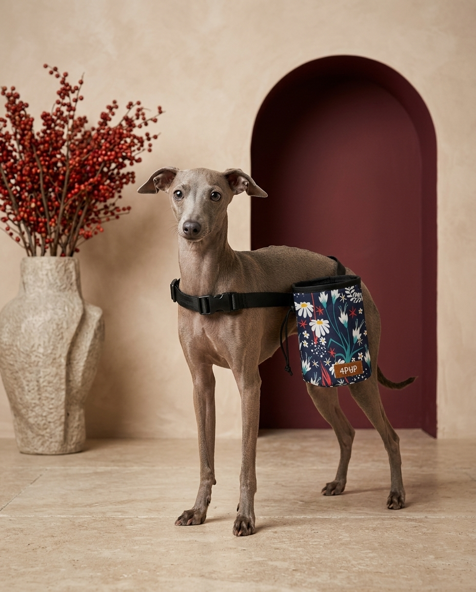 Italian Greyhound wearing the Iggy Grey treat pouch training bag