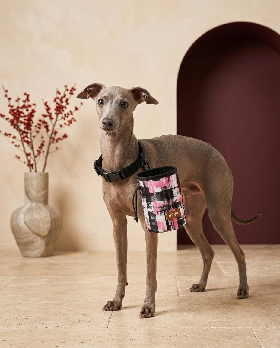 Italian Greyhound wearing the Iggy Grey treat pouch training bag