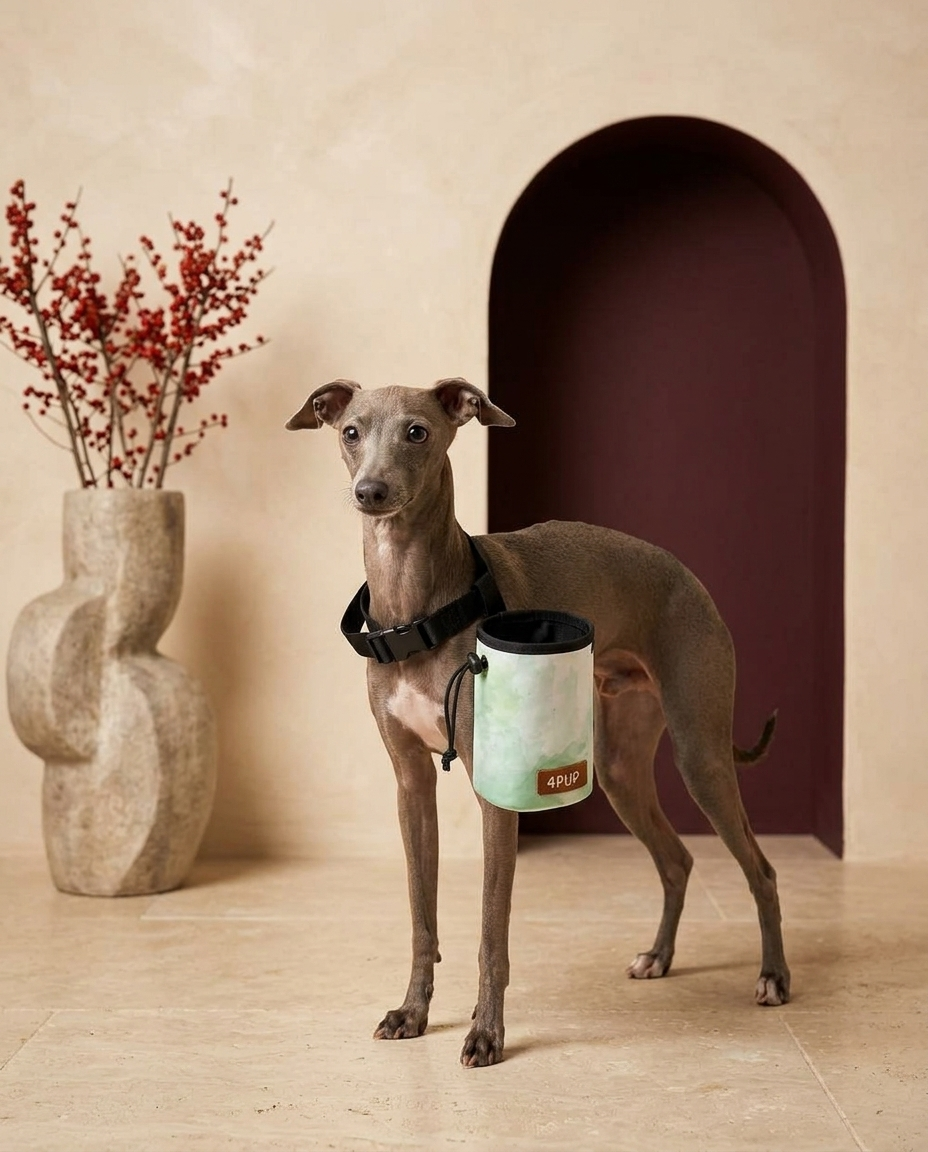 Italian Greyhound wearing the Iggy Grey treat pouch training bag