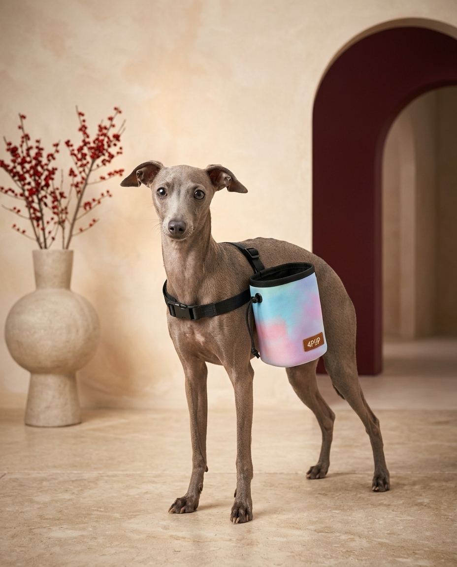 Italian Greyhound wearing the Iggy Grey treat pouch training bag
