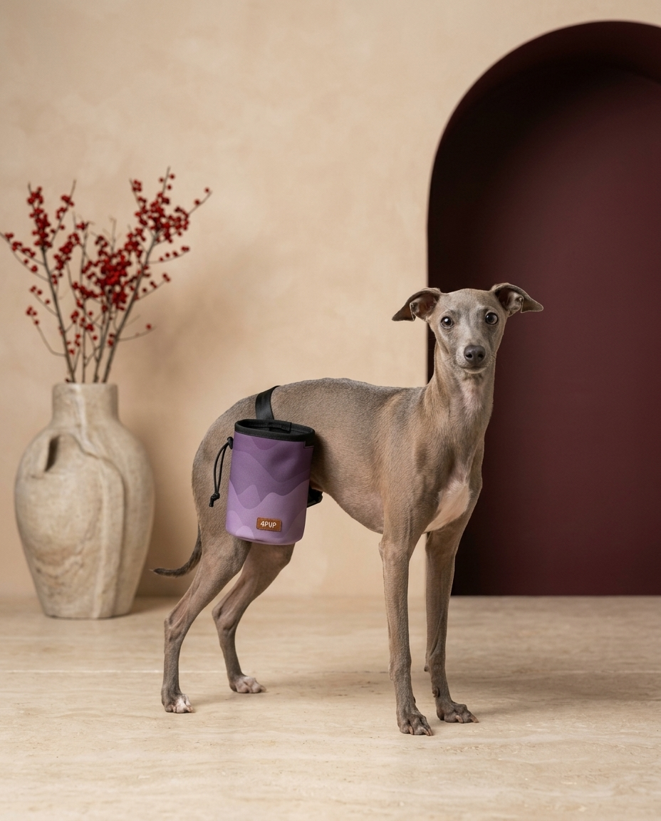 Italian Greyhound wearing the Iggy Grey treat pouch training bag