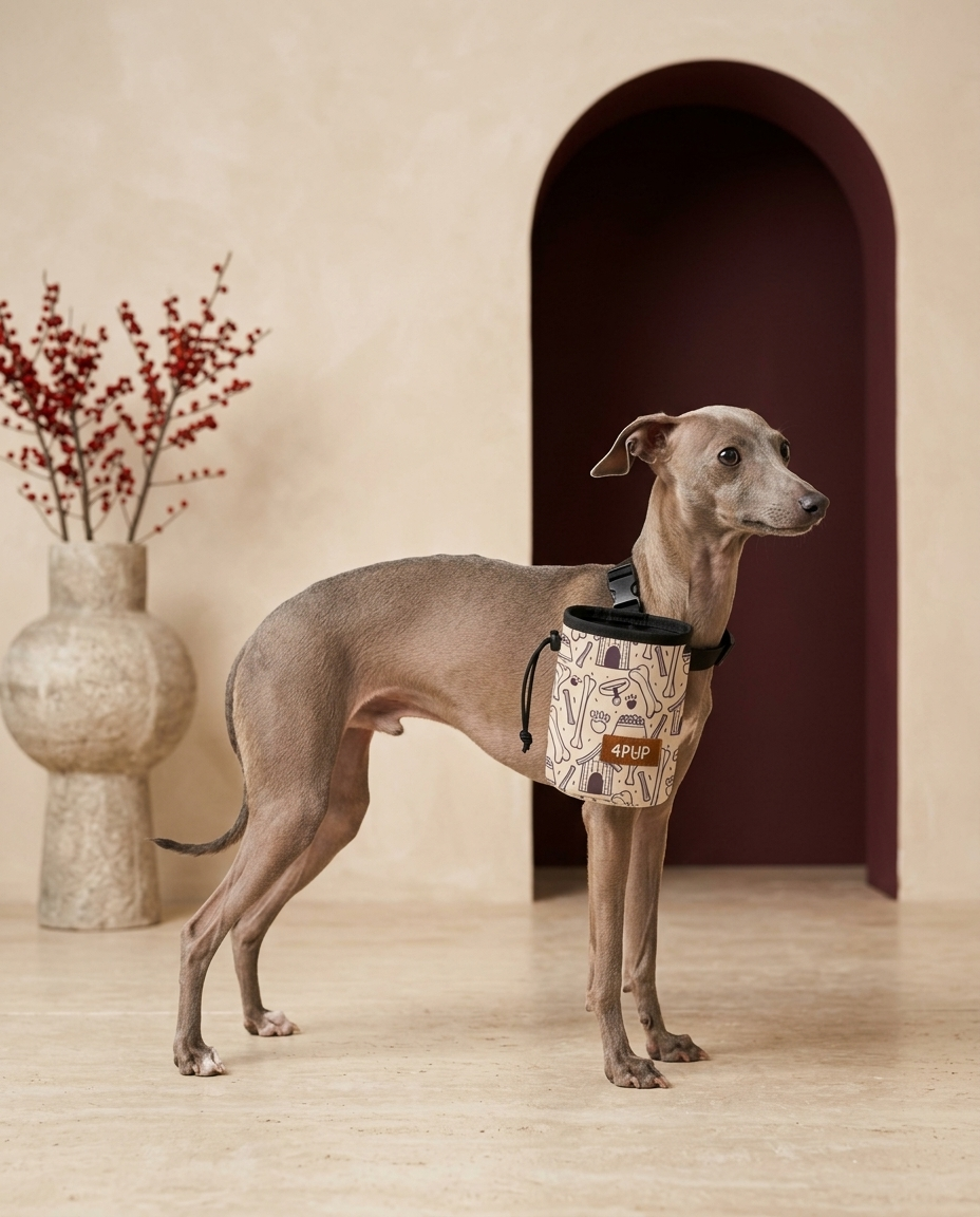 Italian Greyhound wearing the Iggy Grey treat pouch training bag