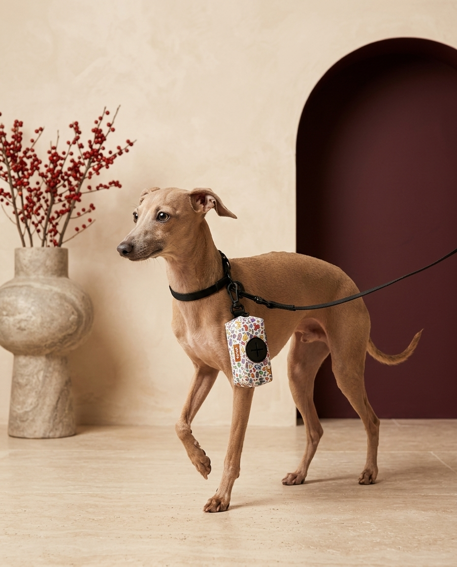 Italian Greyhound with the Iggy Grey poop bag holder leash attachment
