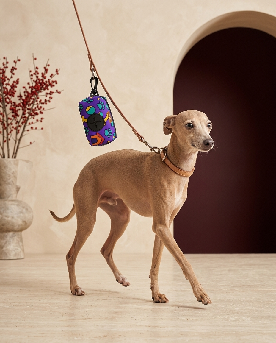 Italian Greyhound with the Iggy Grey poop bag holder leash attachment