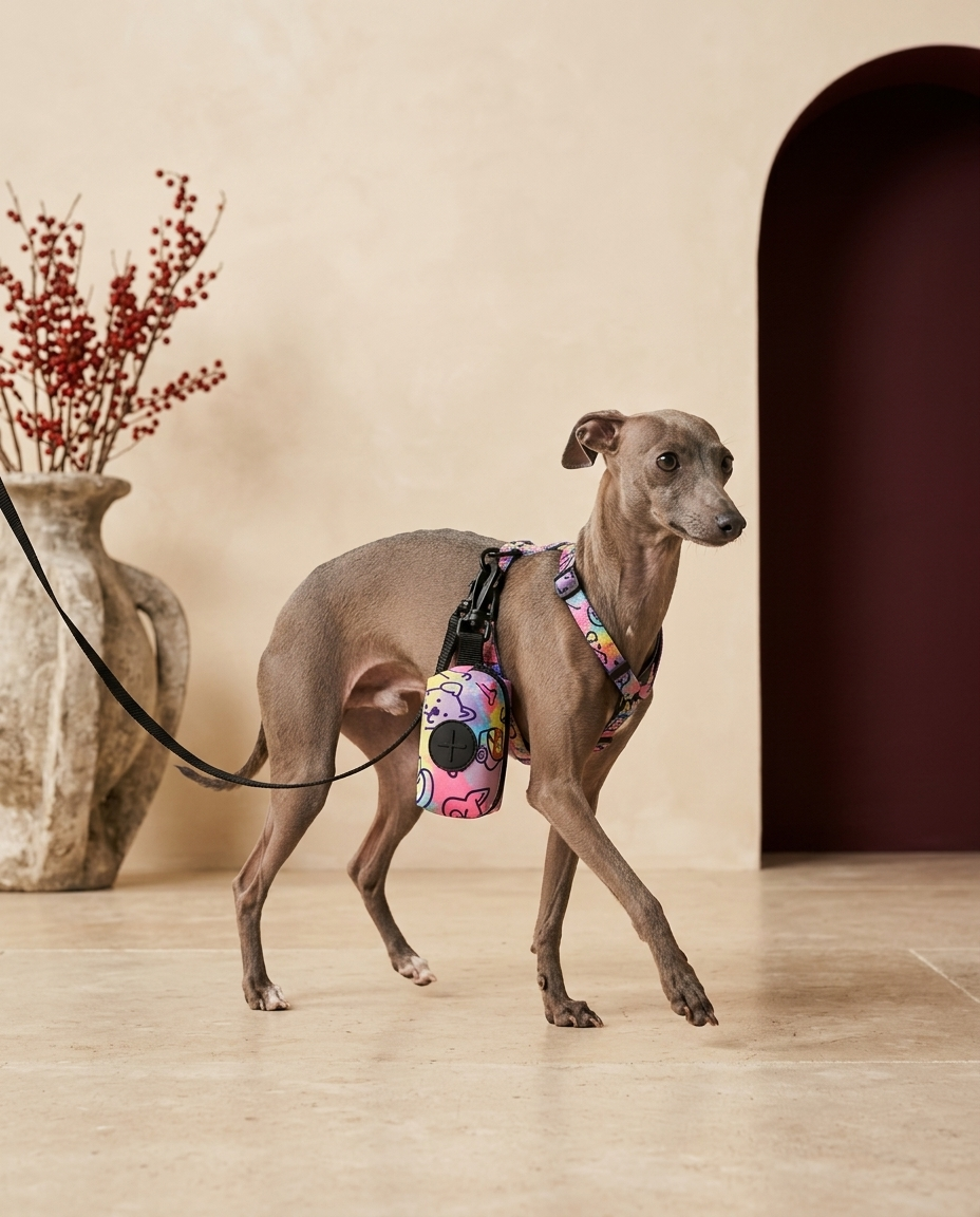 Italian Greyhound with the Iggy Grey poop bag holder leash attachment