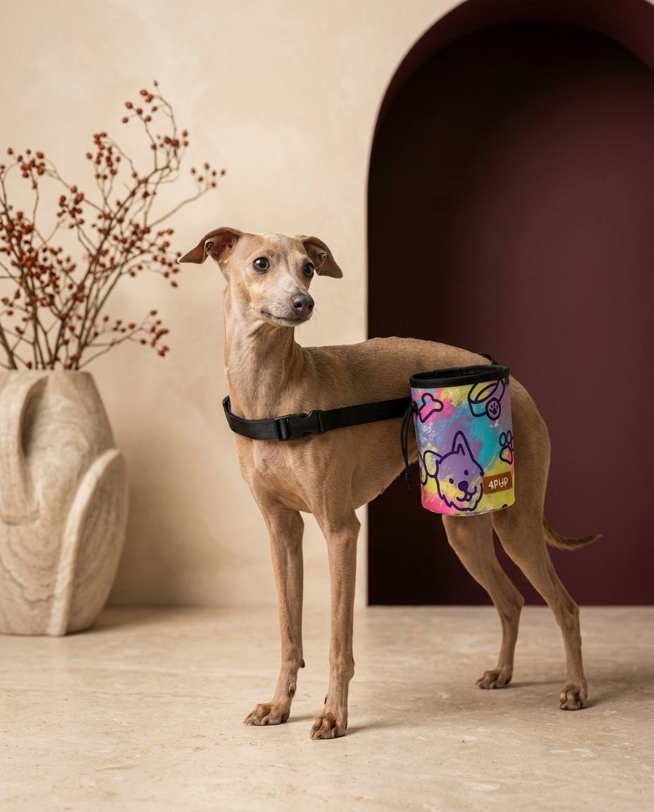 Italian Greyhound wearing the Iggy Grey treat pouch training bag