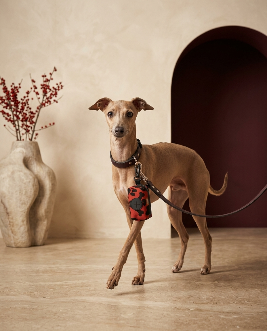 Italian Greyhound with the Iggy Grey poop bag holder leash attachment