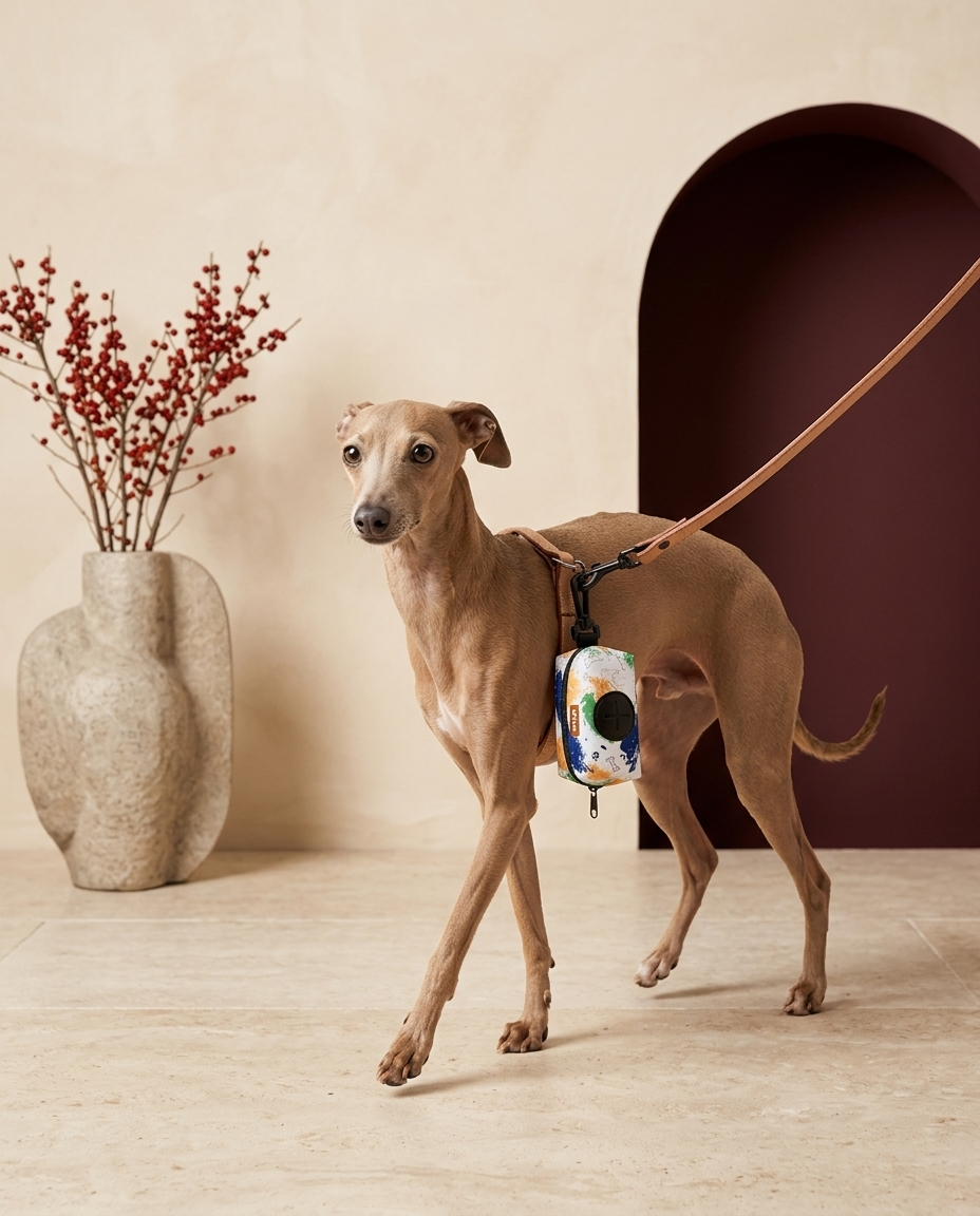 Italian Greyhound with the Iggy Grey poop bag holder leash attachment