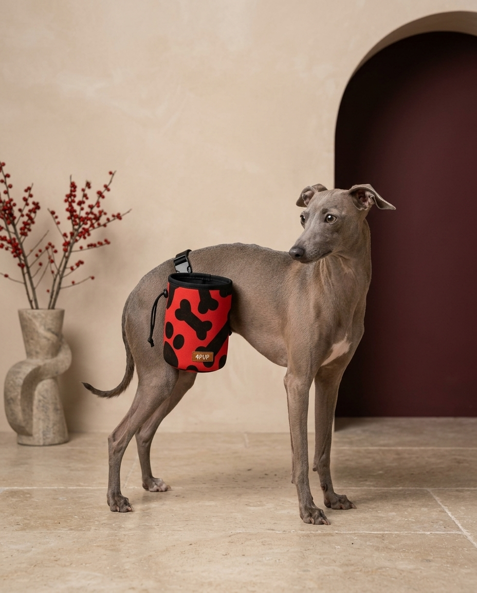Italian Greyhound wearing the Iggy Grey treat pouch training bag