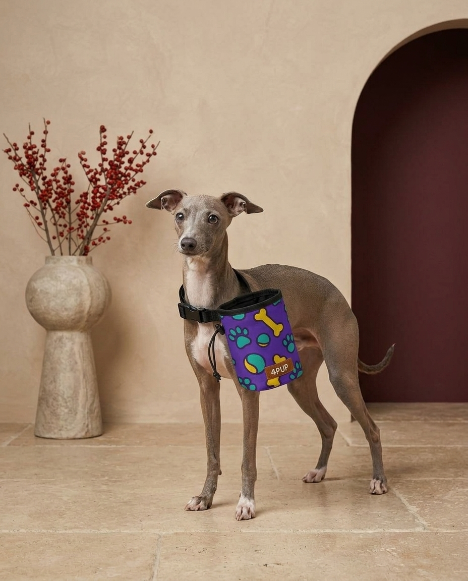 Italian Greyhound wearing the Iggy Grey treat pouch training bag