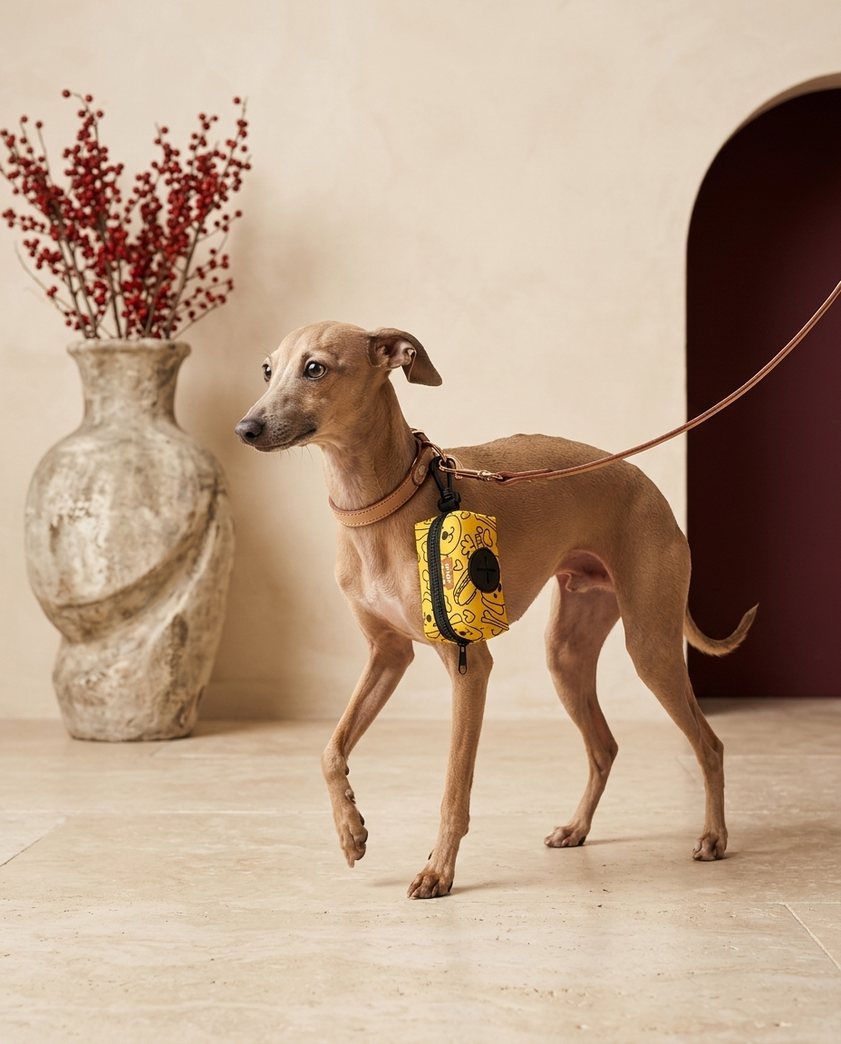 Italian Greyhound with the Iggy Grey poop bag holder leash attachment