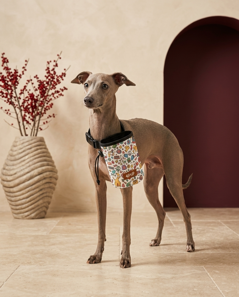 Italian Greyhound wearing the Iggy Grey treat pouch training bag