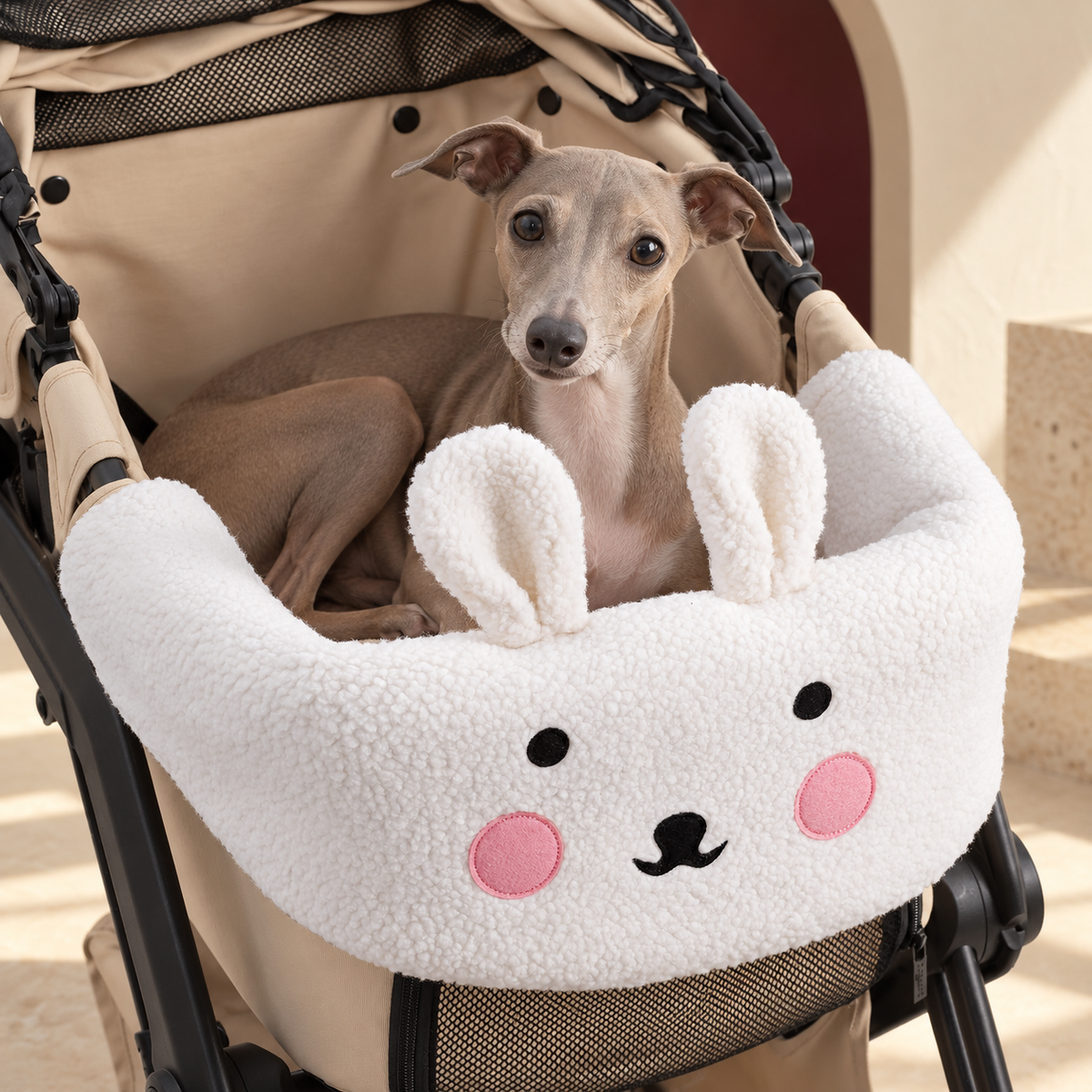 Animal Face Dog Stroller Front Cover — White Rabbit Italian Greyhound lifestyle