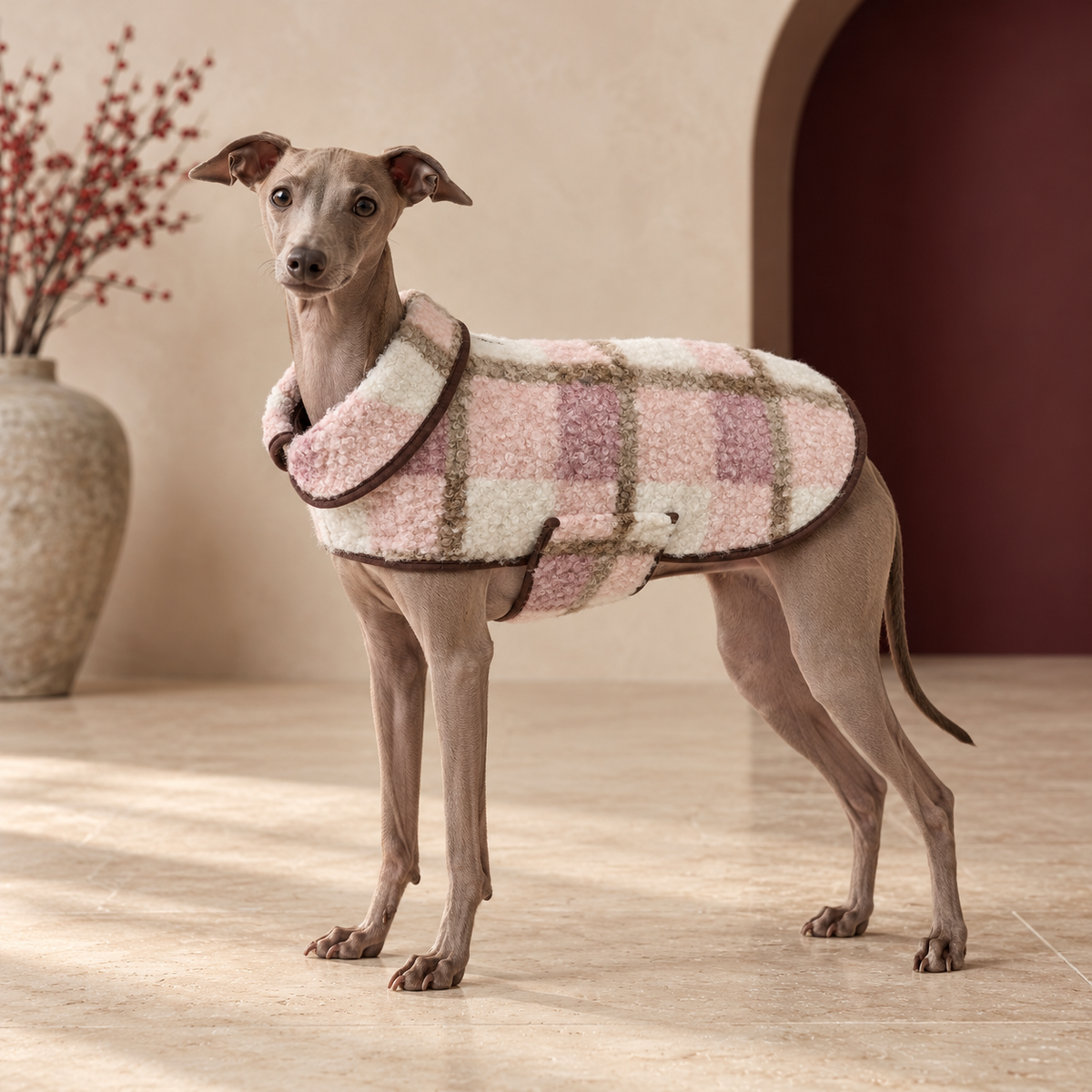 Italian Greyhound wearing the heritage plaid fleece dog vest in Pink