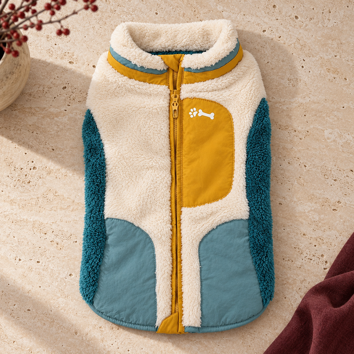 Two Tone Plush Dog Vest — Yellow & Blue flat product view