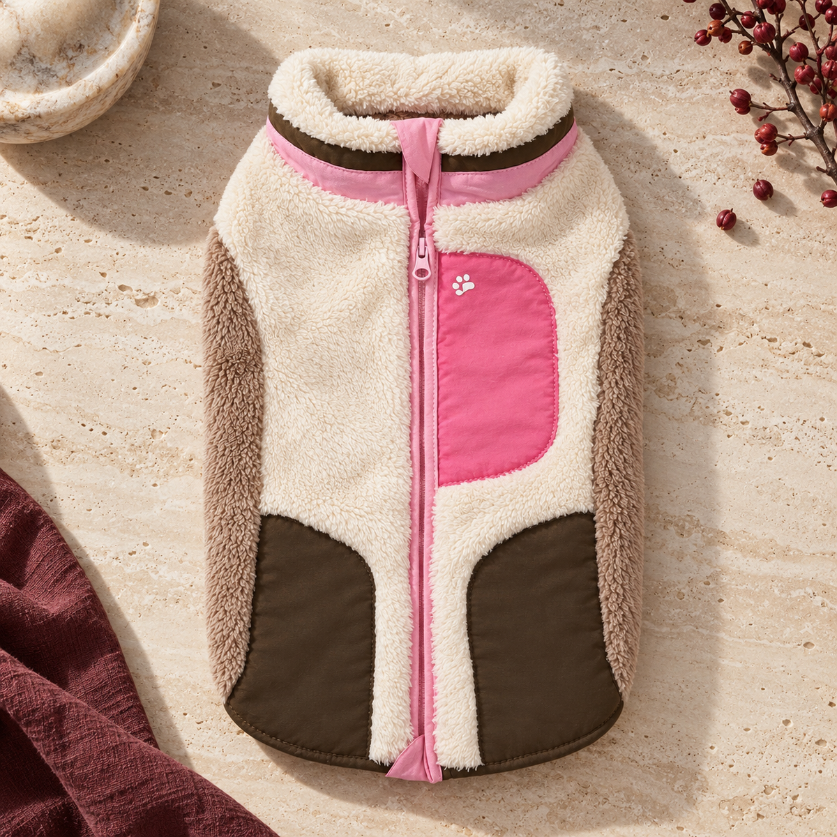 Two Tone Plush Dog Vest — Pink & Brown flat product view