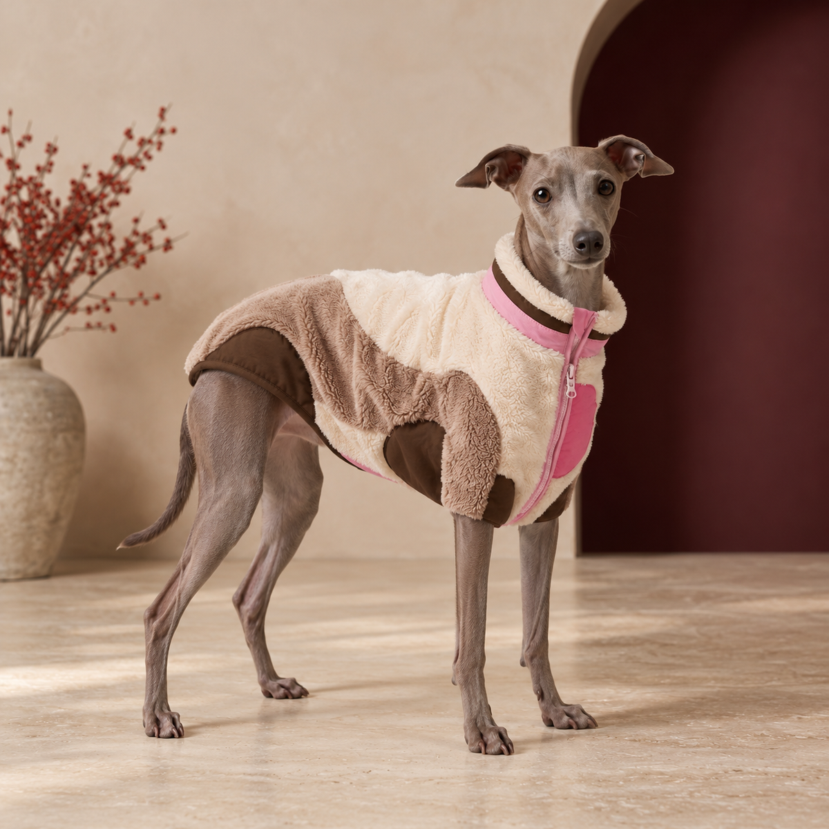 Italian Greyhound wearing the two tone plush dog vest in Pink & Brown