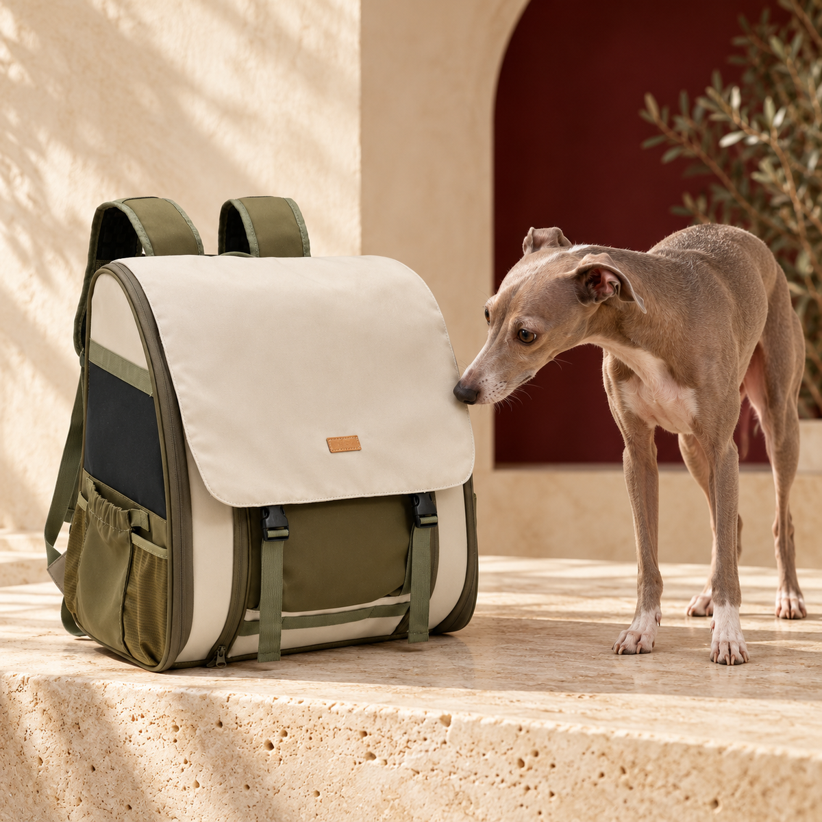 Khaki Green Dog Backpack Carrier — Khaki Green Italian Greyhound lifestyle