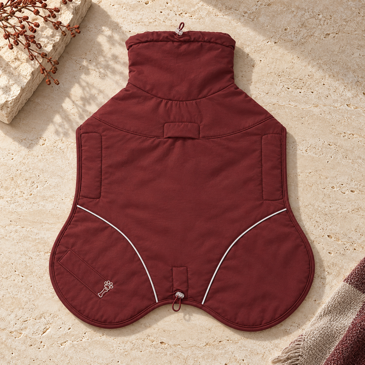 High Neck Outdoor Dog Coat — Burgundy flat product view