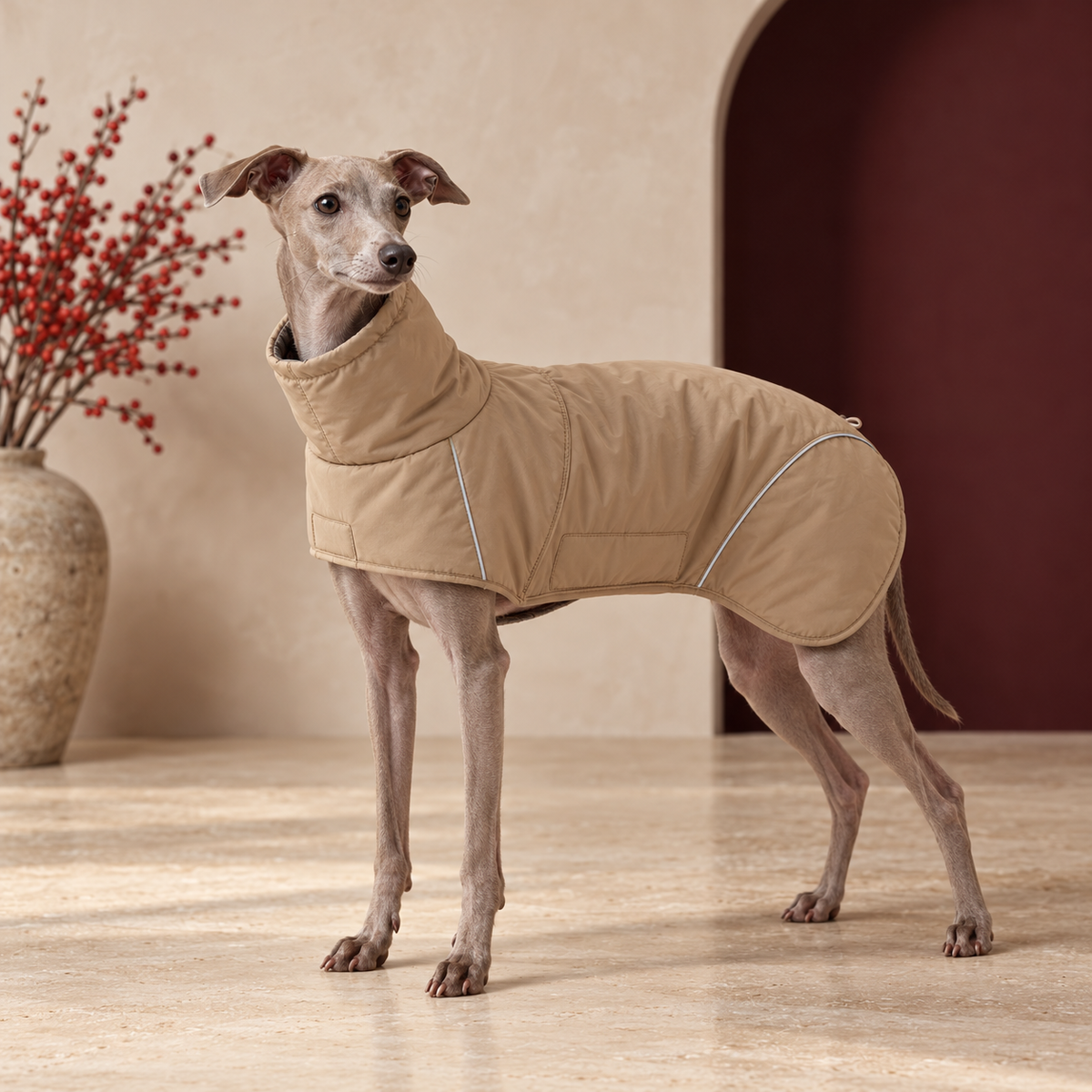 Italian Greyhound wearing the high neck outdoor dog coat in Beige