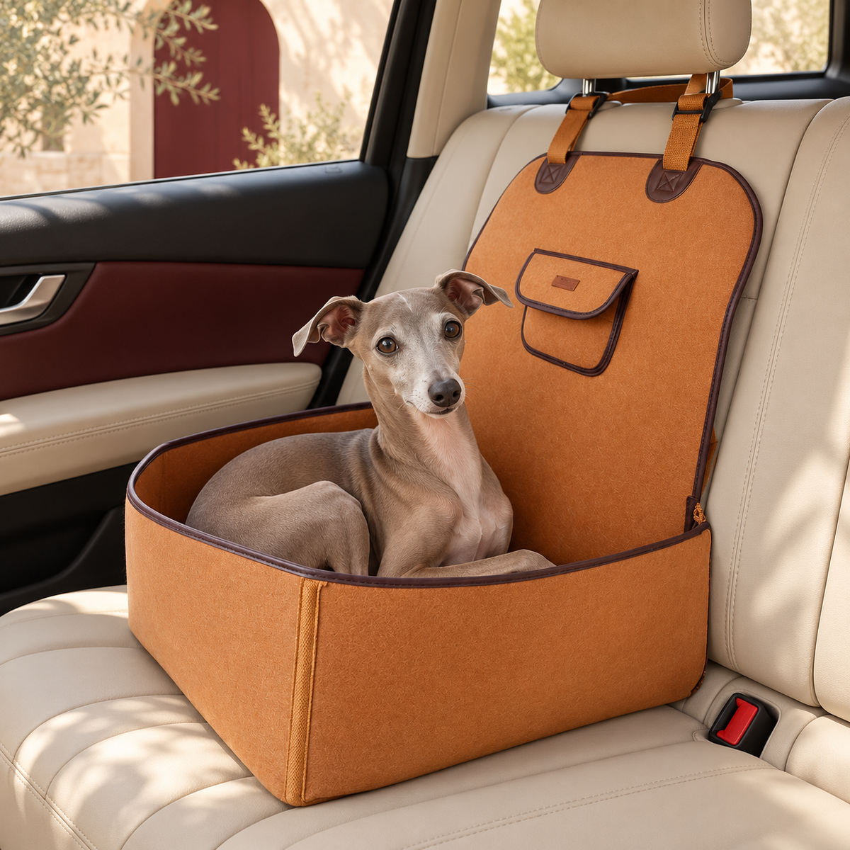 Structured Dog Car Seat Basket — Brown Italian Greyhound lifestyle