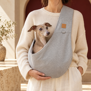 Soft Gray Dog Crossbody Sling — Smoke Gray Italian Greyhound lifestyle