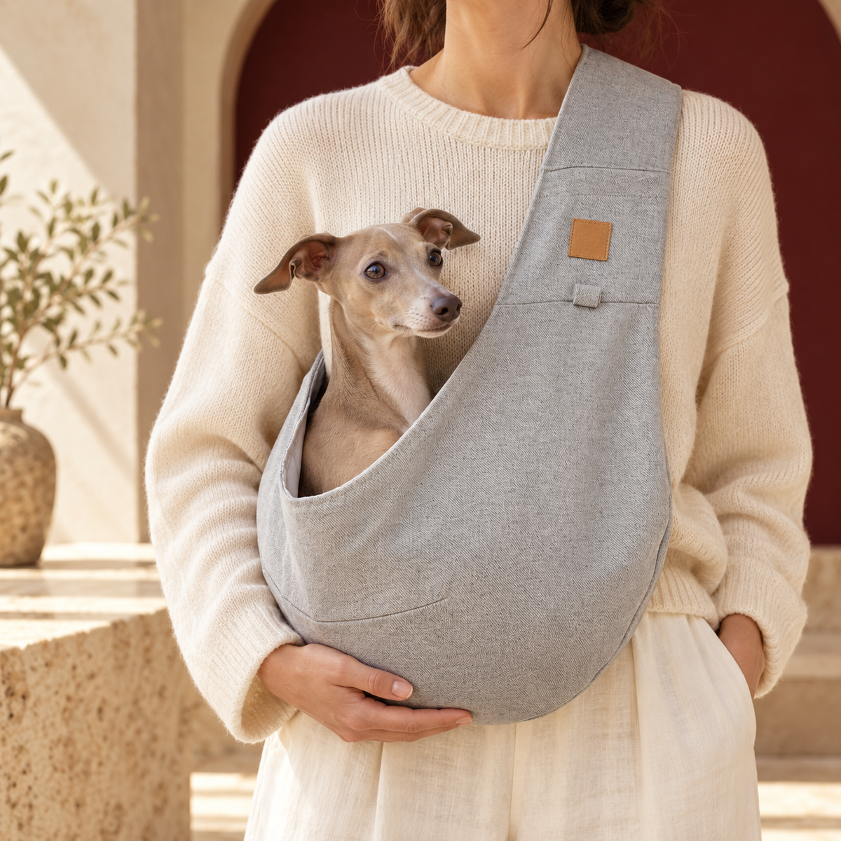 Soft Gray Dog Crossbody Sling — Smoke Gray Italian Greyhound lifestyle