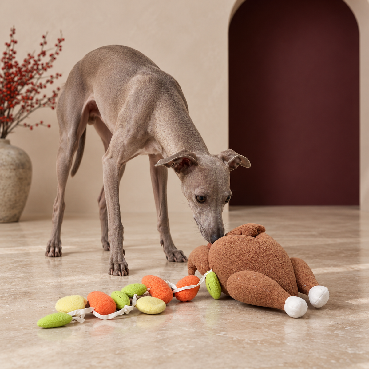 Italian Greyhound using the roast turkey snuffle dog toy