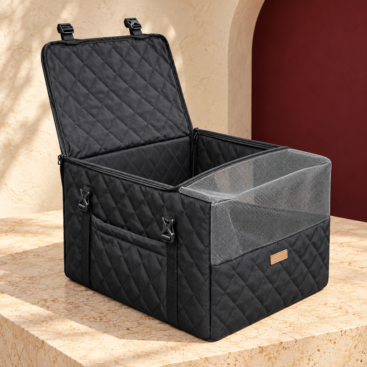 Quilted Zip Side Dog Car Seat Basket — Black product view