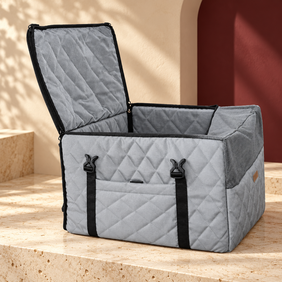 Quilted Zip Side Dog Car Seat Basket — Gray product view
