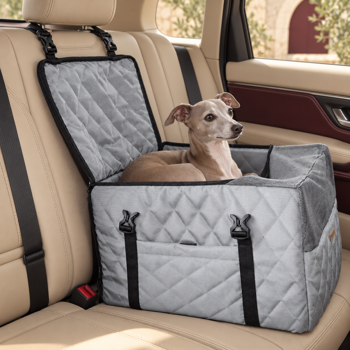 Quilted Zip Side Dog Car Seat Basket — Gray Italian Greyhound lifestyle