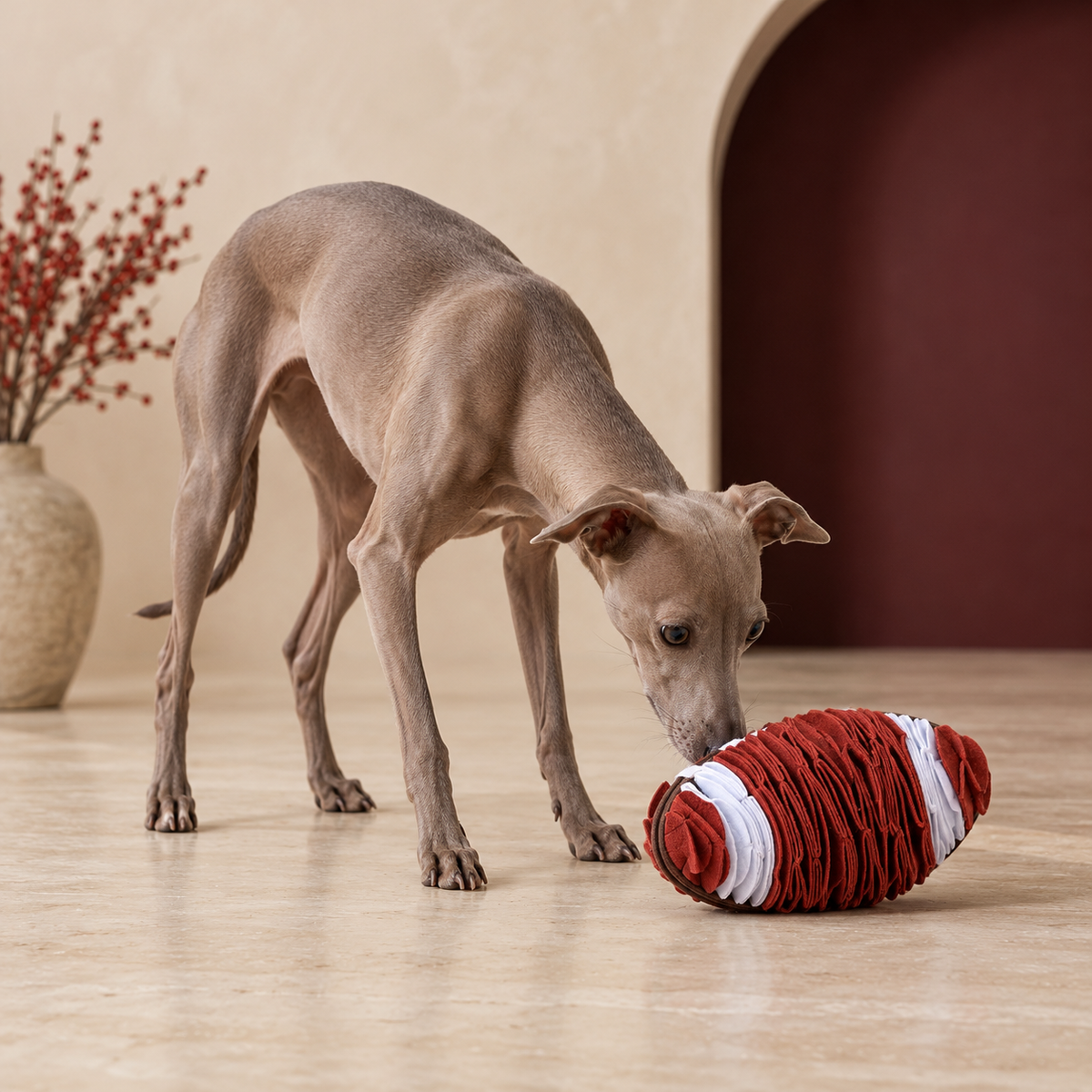 Italian Greyhound using the folded football snuffle dog toy