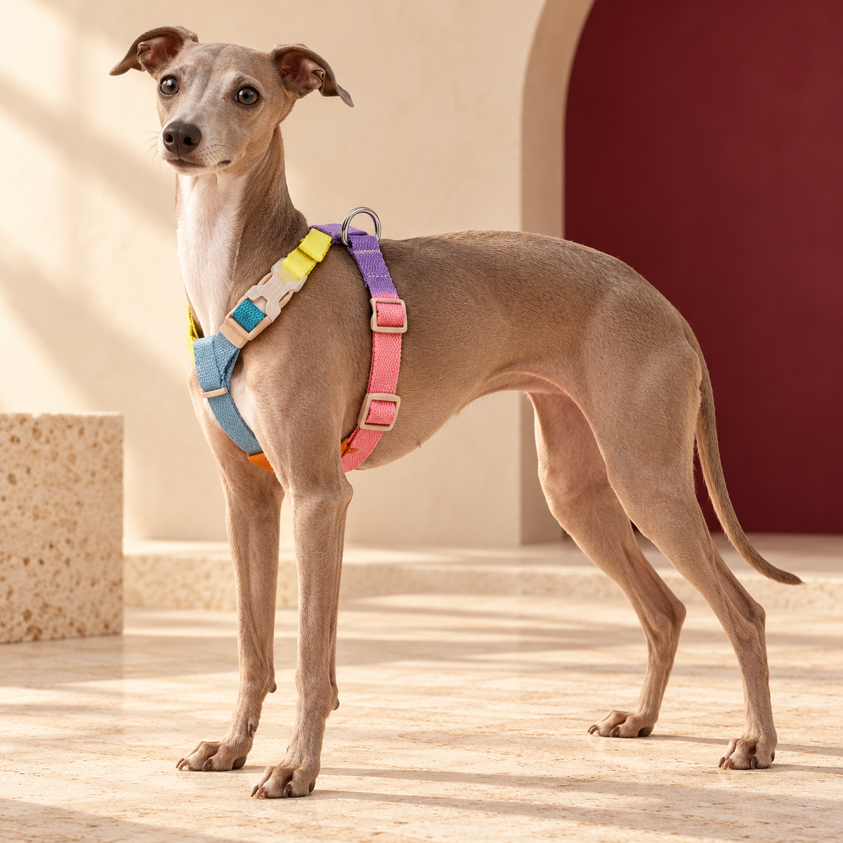 Colourblock H Dog Harness — Pink Blue Italian Greyhound lifestyle