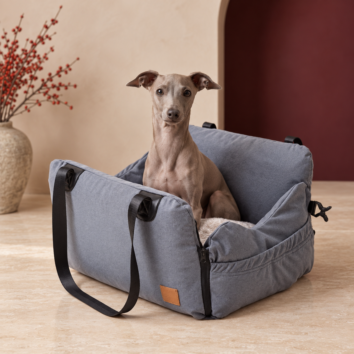 Italian Greyhound using the convertible dog travel basket
