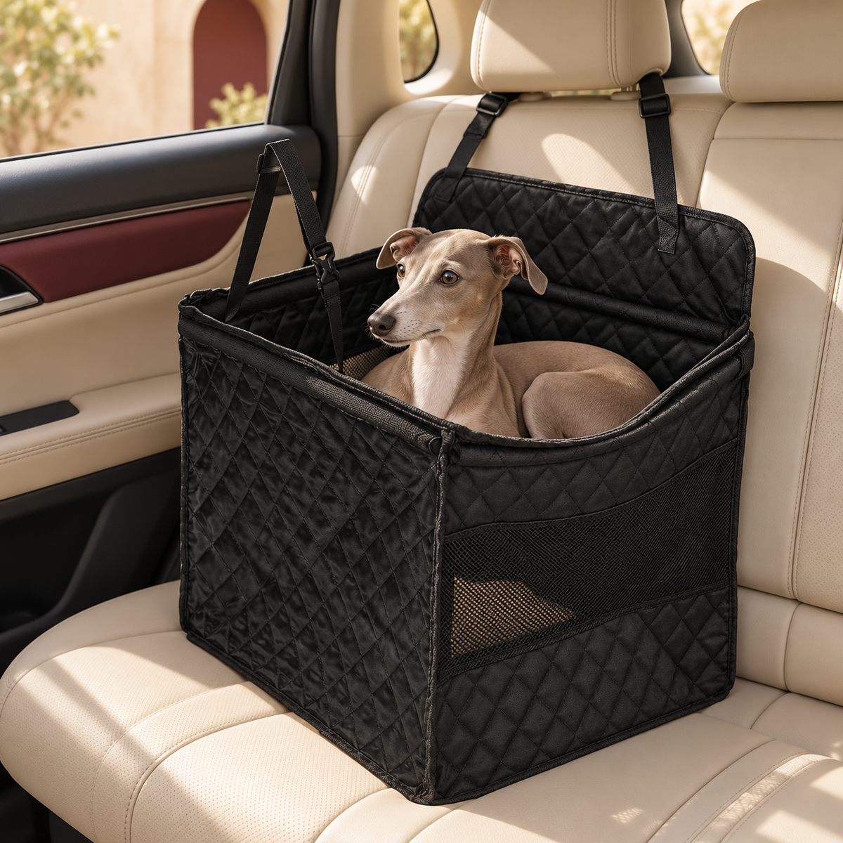 Foldable Dog Car Seat Basket — Black Italian Greyhound lifestyle