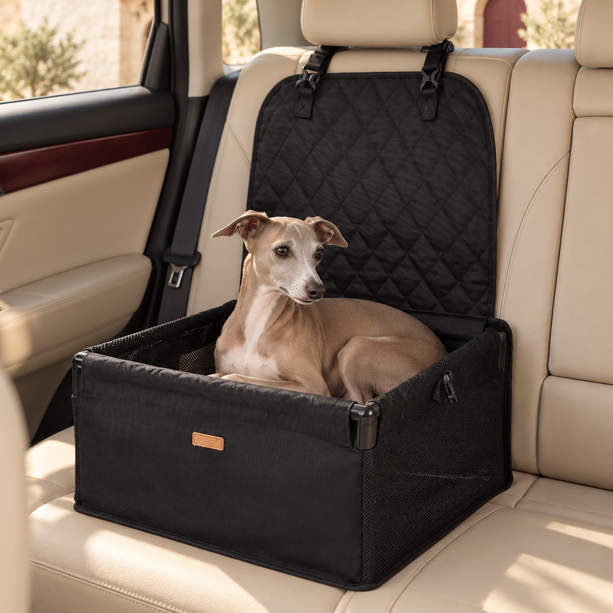 Mesh Front Dog Car Travel Basket — Black Italian Greyhound lifestyle