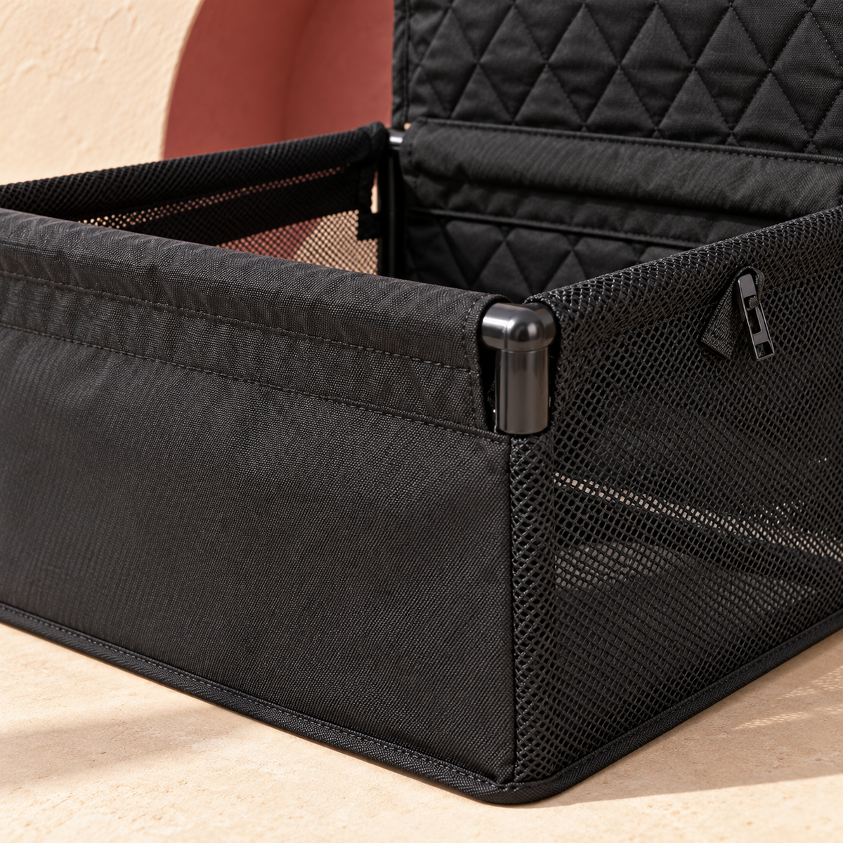 Mesh Front Dog Car Travel Basket — Black construction close-up