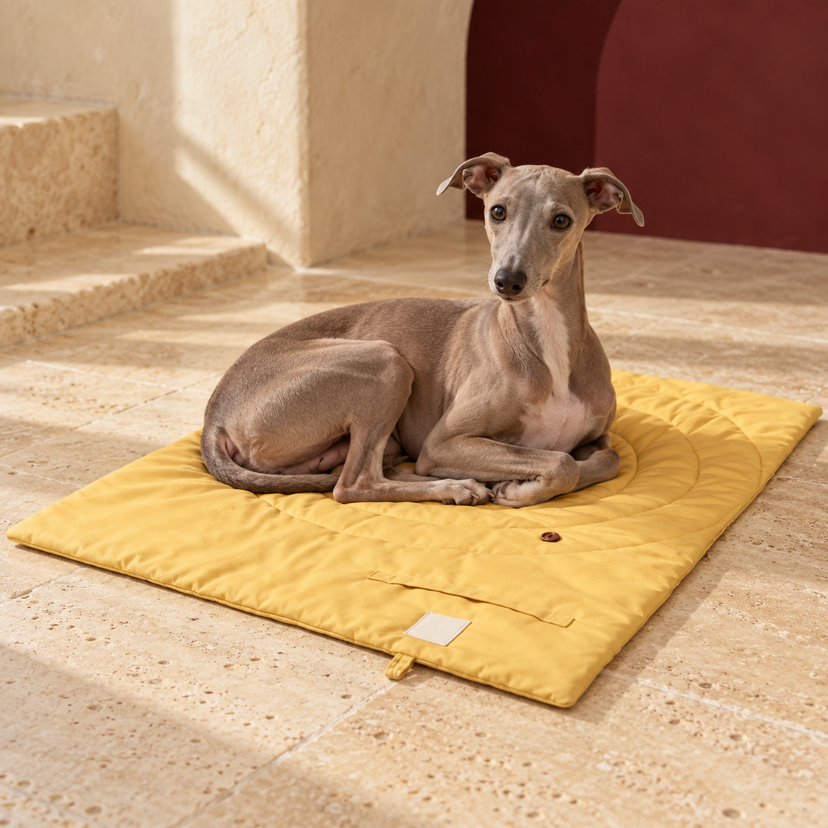 Foldable Quilted Dog Travel Mat — Yellow Italian Greyhound lifestyle
