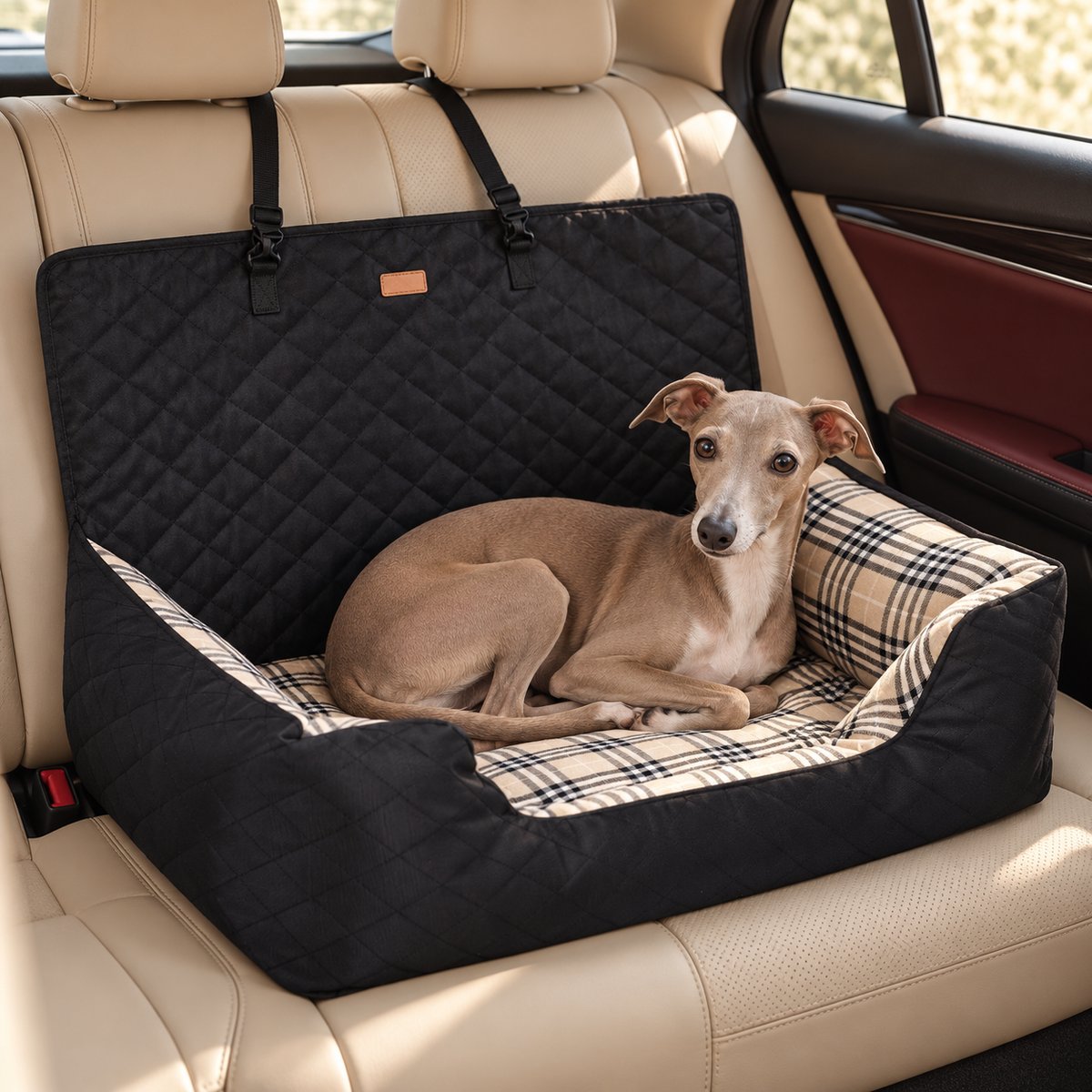 Wide Dog Car Travel Bed — Black Italian Greyhound lifestyle