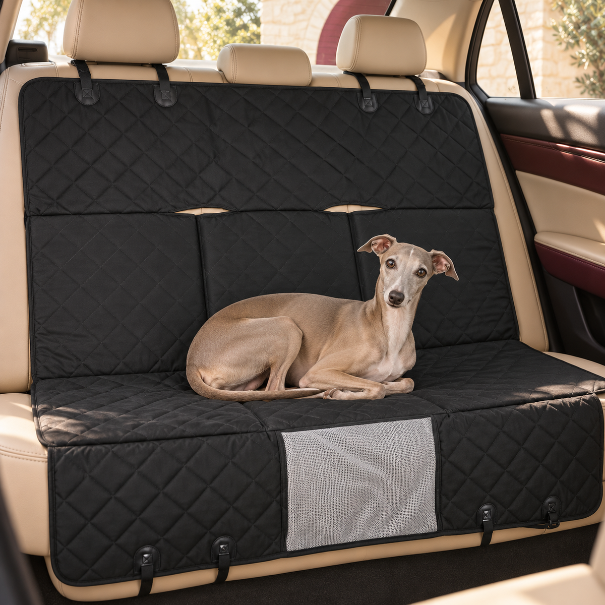 Quilted Dog Car Seat Bridge Cover — Black Italian Greyhound lifestyle