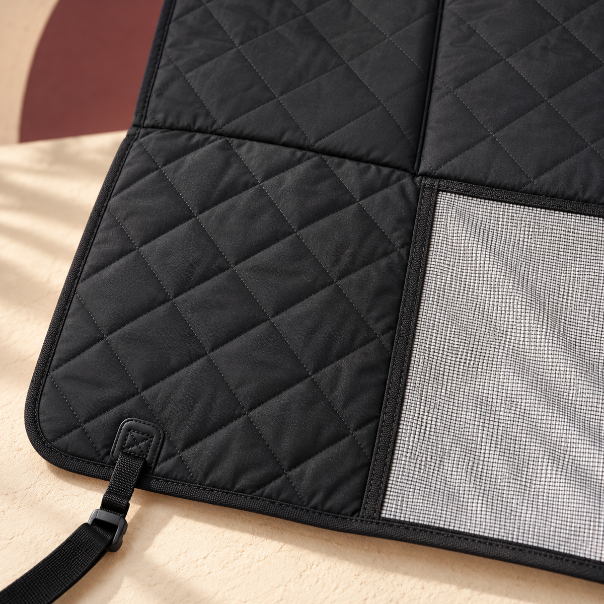 Quilted Dog Car Seat Bridge Cover — Black construction close-up