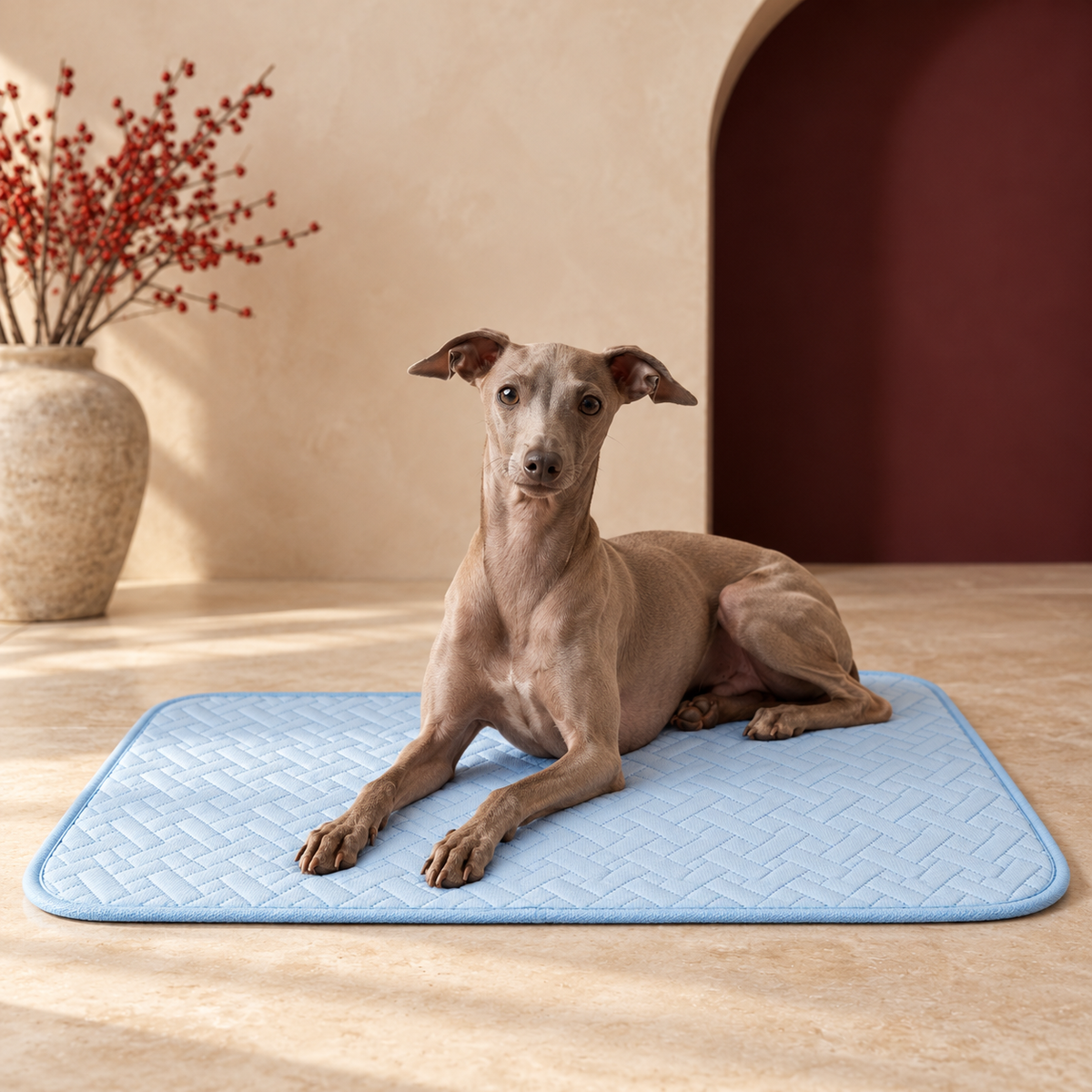 Italian Greyhound using the quilted summer dog mat