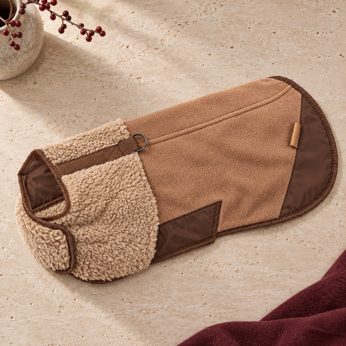 Sherpa Collar Canvas Dog Vest — Brown flat product view