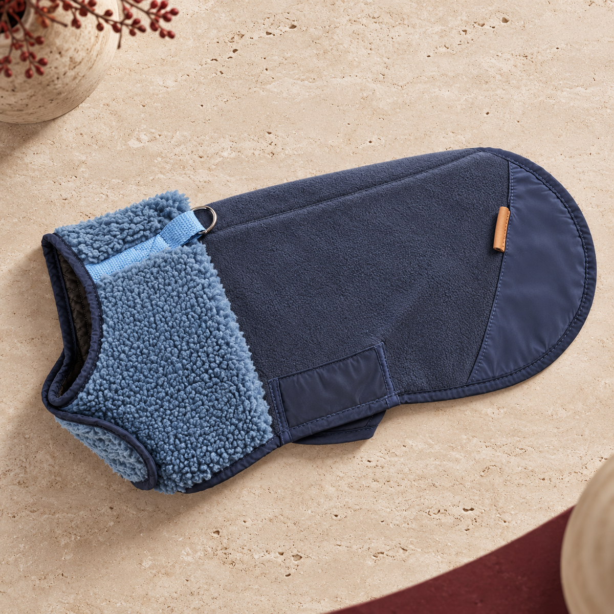 Sherpa Collar Canvas Dog Vest — Blue flat product view